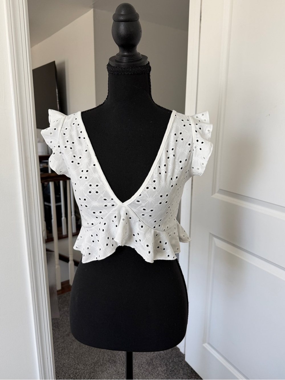 SHEIN White Eyelet Tie-Front Ruffle Crop Top